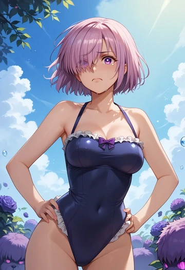 fate_(series),mash_kyrielight_(dangerous_beast),retro style swimsuit,frilled neckline,bow detail  - AI generated anime art