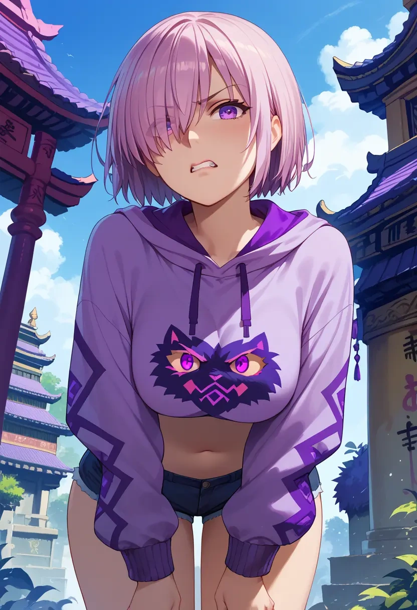 fate_(series),mash_kyrielight_(dangerous_beast),cropped graffiti sweatshirt,dolphin shorts  - 