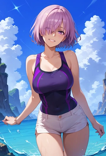 fate_(series),mash_kyrielight,sleeveless swim top,shorts-style bottom,contrast stitching  - AI generated anime art