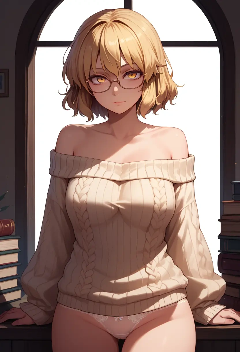 touhou,matara_okina,off-shoulder,panties,glasses,sweater  - 