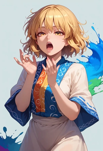 touhou,matara_okina,paint-splatter blouse,dolphin shorts  - AI generated anime art