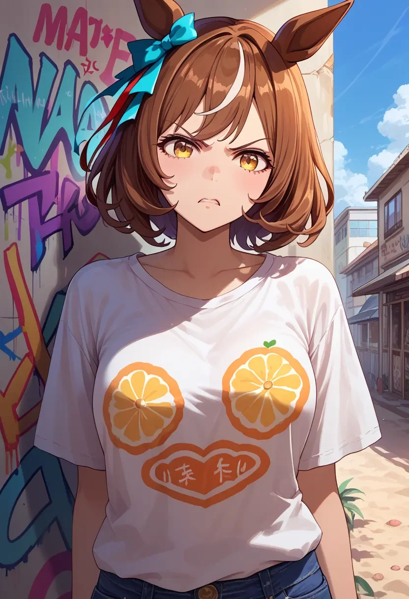 umamusume,matikane_tannhauser_(umamusume),oversized graffiti shirt,dolphin shorts  - 