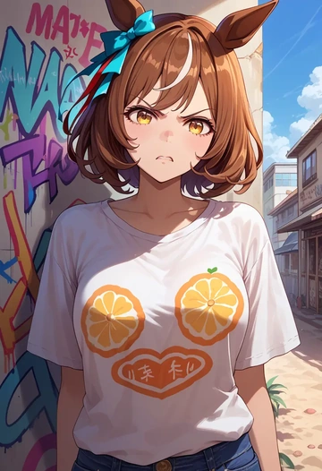 umamusume,matikane_tannhauser_(umamusume),oversized graffiti shirt,dolphin shorts  - AI generated anime art