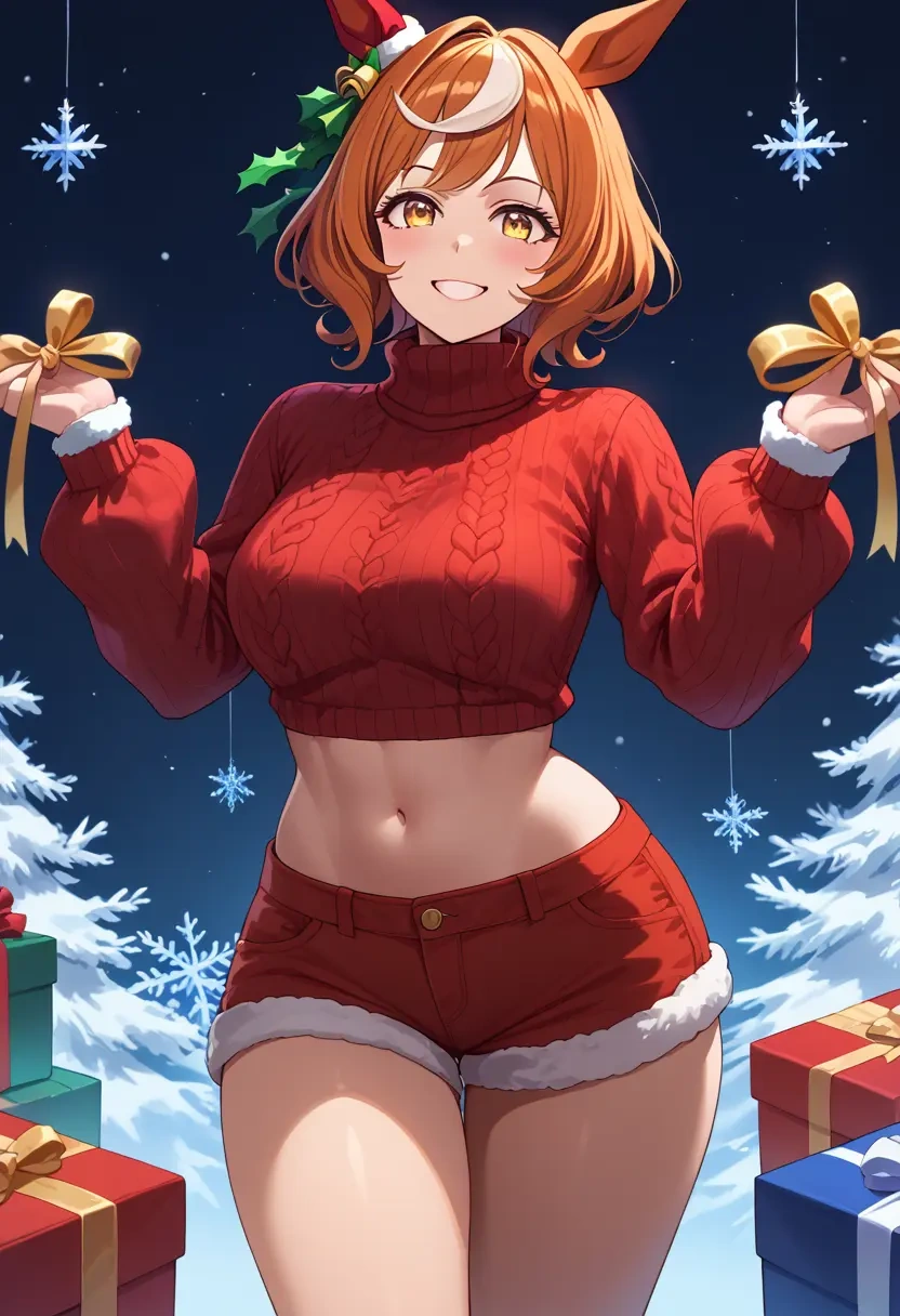 umamusume,matikanefukukitaru_(umamusume),Christmas,red velvet shorts,turtleneck sweater  - 