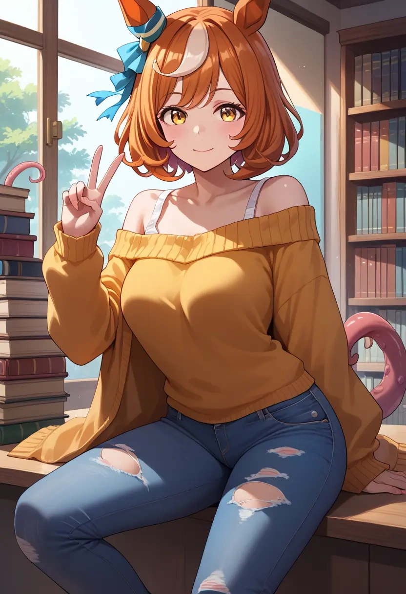 umamusume,matikanefukukitaru_(umamusume),sweater,off-shoulder,ripped jeans  - 