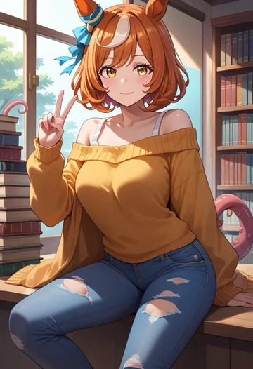 umamusume,matikanefukukitaru_(umamusume),sweater,off-shoulder,ripped jeans  - AI generated anime art