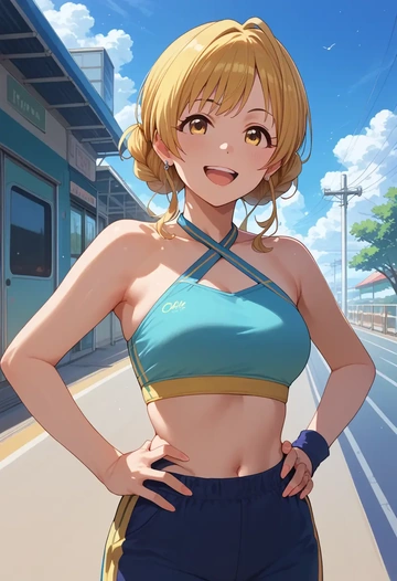 idolmaster,matoba_risa,halter top,track pants  - AI generated anime art