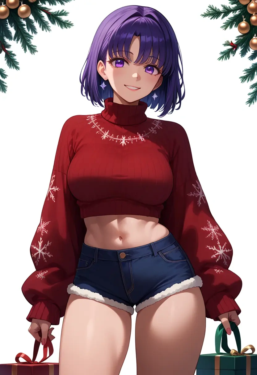 fate_(series),matou_sakura,Christmas,red velvet shorts,turtleneck sweater  - 