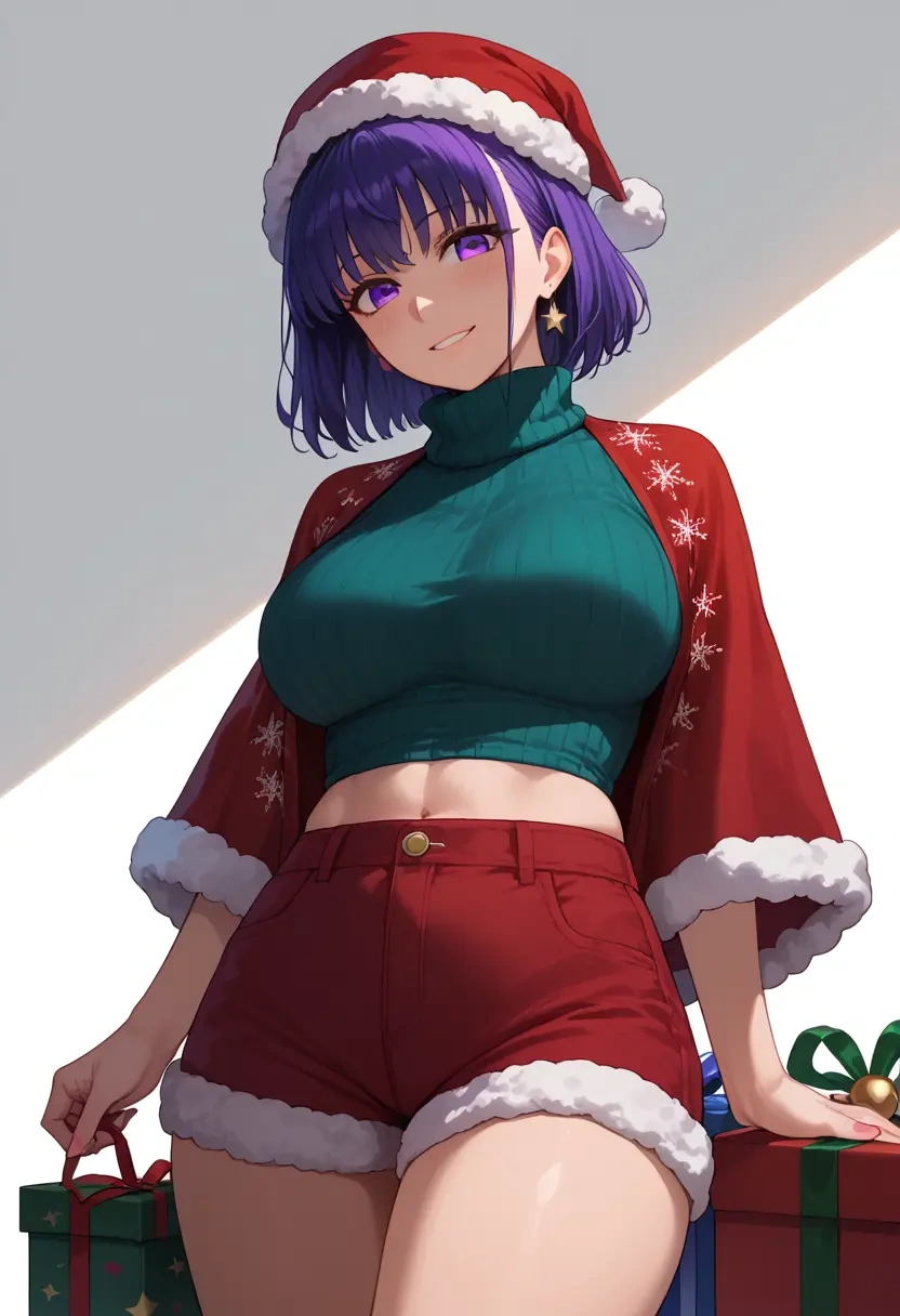 fate_(series),matou_sakura,Christmas,red velvet shorts,turtleneck sweater  - 