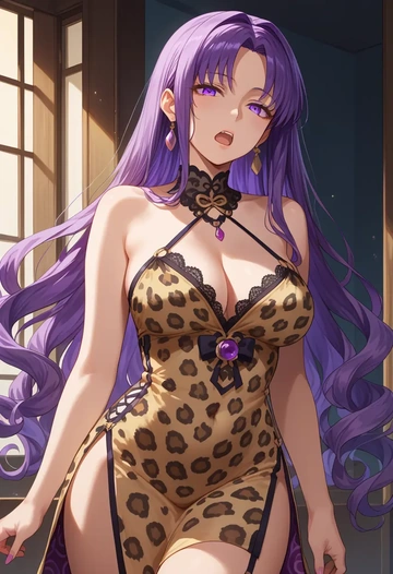 fate_(series),matou_sakura,leopard print,silk slip dress  - AI generated anime art