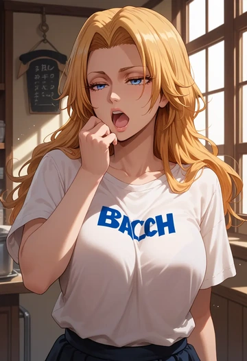 bleach,matsumoto_rangiku,handwritten script shirt,dolphin shorts  - AI generated anime art