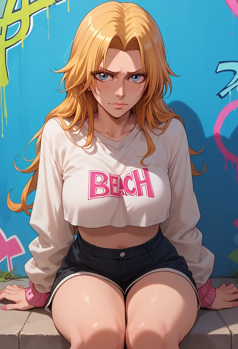 bleach,matsumoto_rangiku,cropped graffiti sweatshirt,dolphin shorts  - 