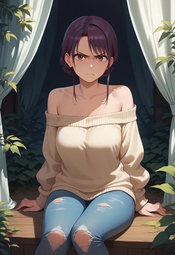 osomatsu_san,matsuno_ichimatsu,sweater,off-shoulder,ripped jeans  - AI generated anime art