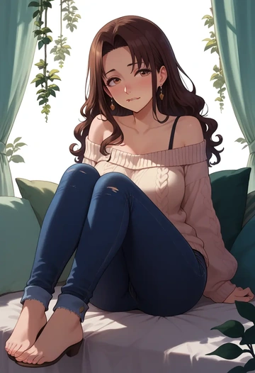 osomatsu_san,matsuno_jyushimatsu,sweater,off-shoulder,ripped jeans  - AI generated anime art