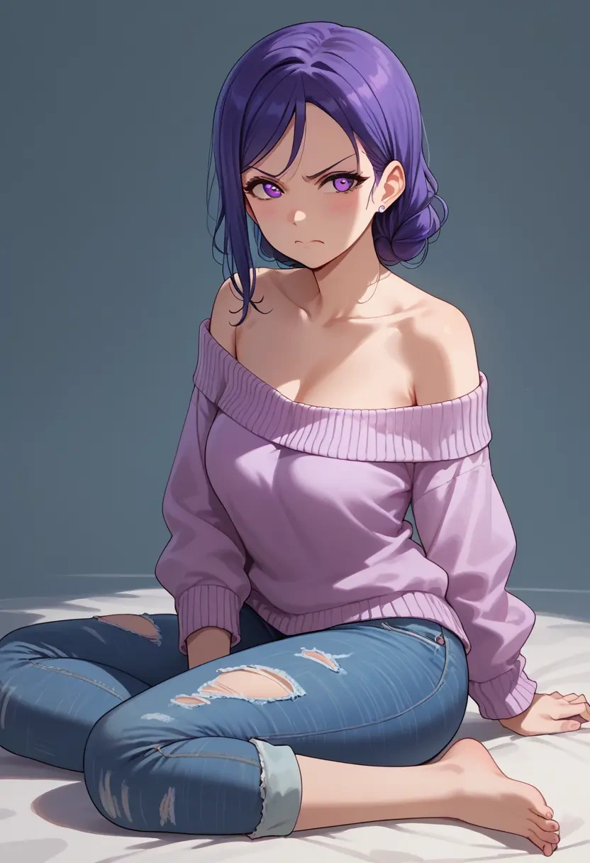 love_live,matsuura_kanan,sweater,off-shoulder,ripped jeans  - 