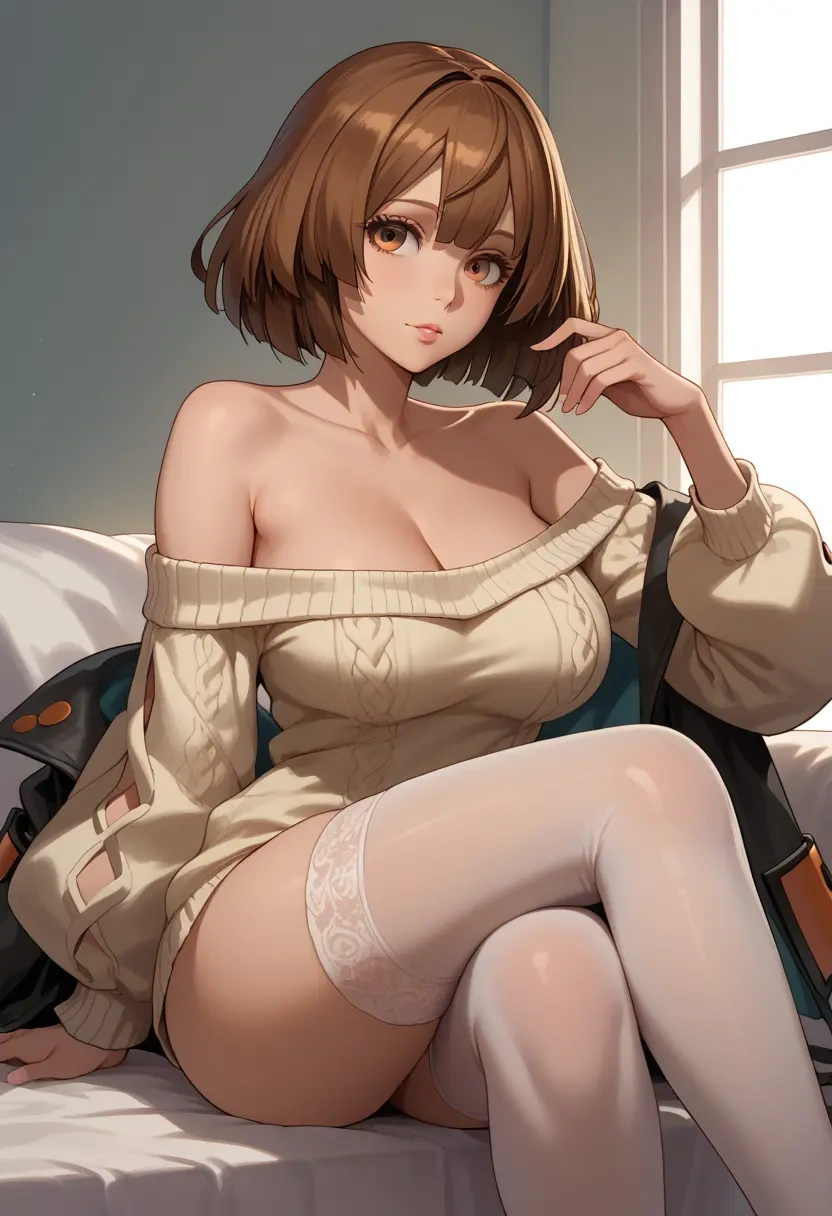 guilty_gear,may_(guilty_gear),cross-legged,Head resting on hand,off-shoulder,sweater  - 