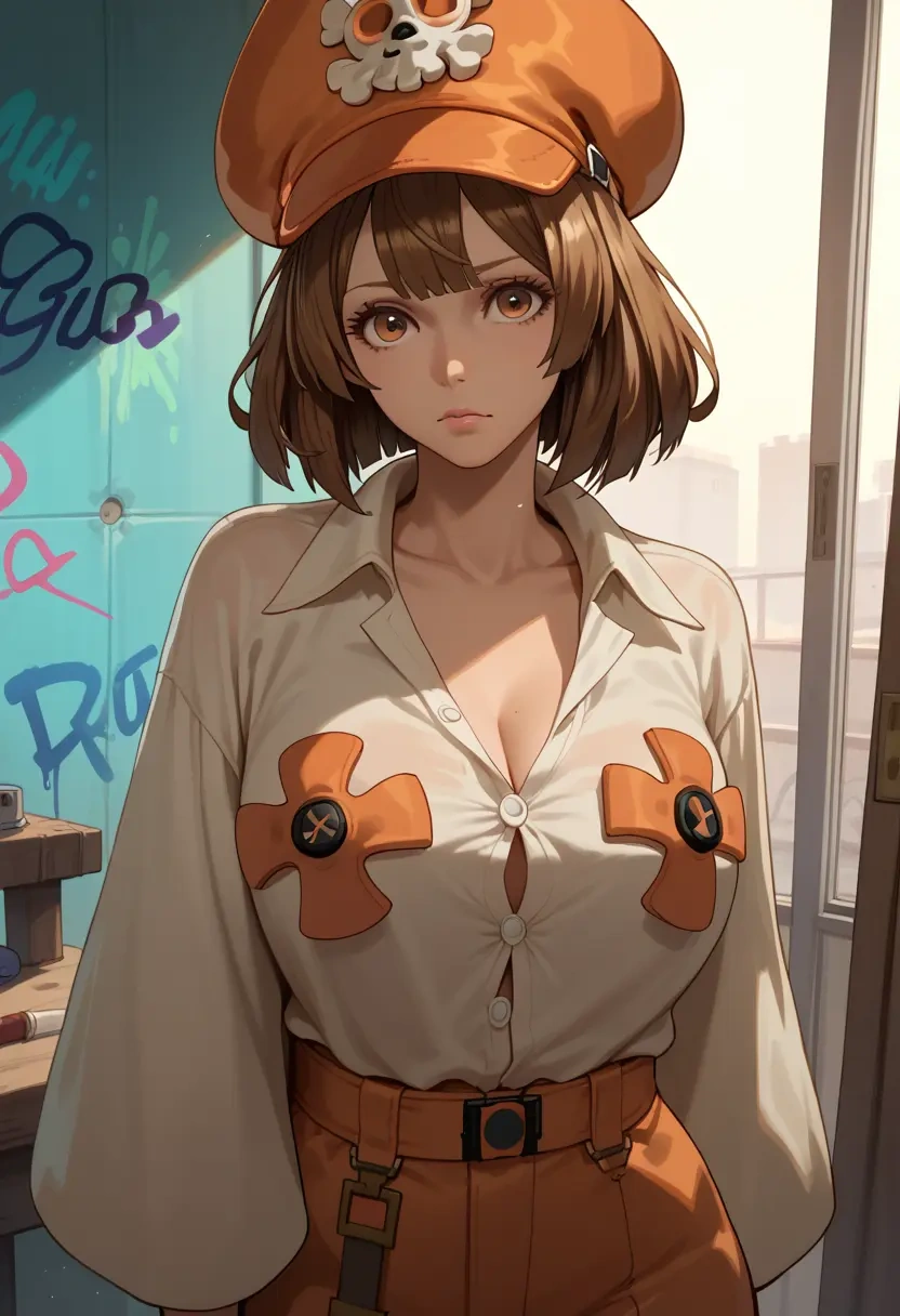 guilty_gear,may_(guilty_gear),oversized graffiti shirt,dolphin shorts  - 