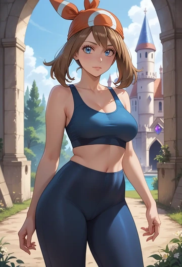 pokemon,may_(pokemon),yoga shorts, bra  - AI generated anime art