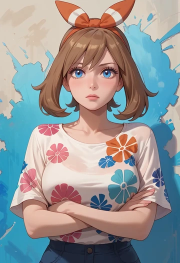 pokemon,may_(pokemon),silk graffiti shirt,dolphin shorts  - AI generated anime art