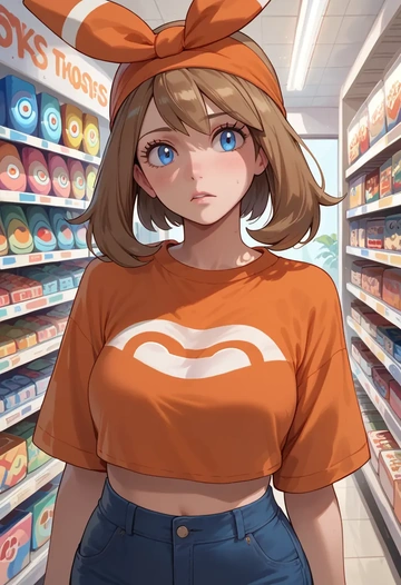 pokemon,may_(pokemon),cropped graffiti sweatshirt,dolphin shorts  - AI generated anime art