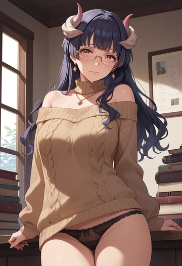 idolmaster,mayuzumi_fuyuko,sweater,panties,off-shoulder,glasses,sexy  - AI generated anime art