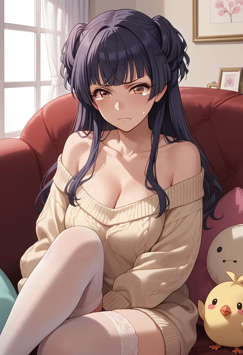 idolmaster,mayuzumi_fuyuko,Pouting ,Teary-eyed,off-shoulder,sweater  - 