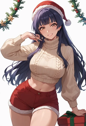 idolmaster,mayuzumi_fuyuko,Christmas,red velvet shorts,turtleneck sweater  - AI generated anime art