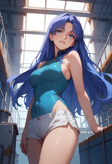 fate_(series),medea_(fate),sleeveless swim top,shorts-style bottom,contrast stitching  - AI generated anime art