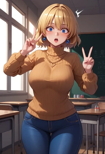 touhou,medicine_melancholy,teacher, sweater, jeans shorts  - AI generated anime art