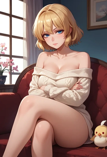 touhou,medicine_melancholy,arms crossed,off-shoulder,sweater,cross-legged  - AI generated anime art