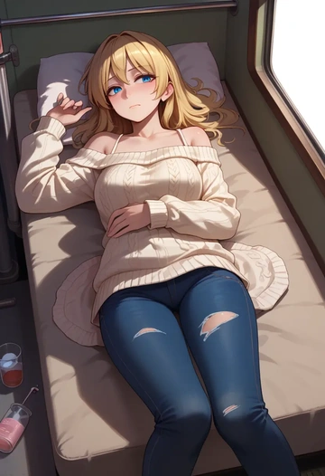 touhou,medicine_melancholy,sweater,off-shoulder,ripped jeans  - AI generated anime art