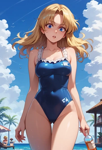 touhou,medicine_melancholy,retro style swimsuit,frilled neckline,bow detail  - AI generated anime art