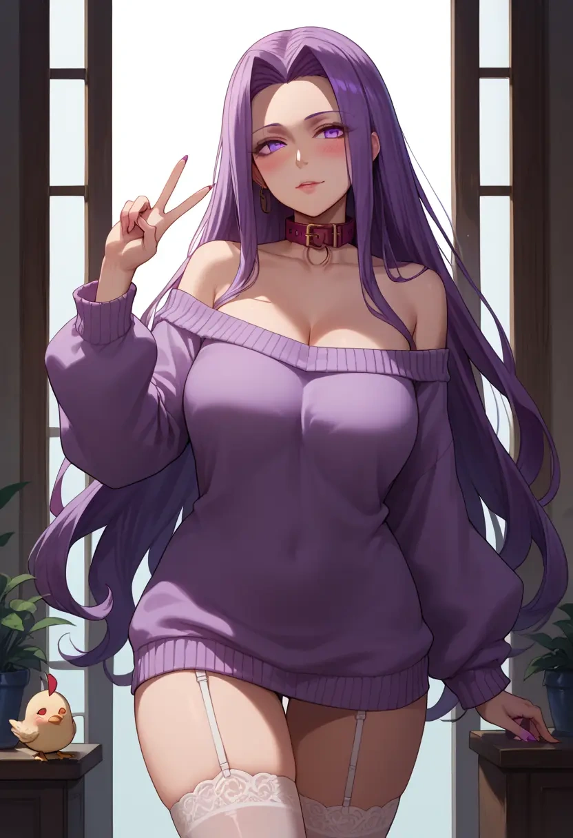 fate_(series),medusa_(fate),blushing,collar,off-shoulder,sweater,stockings  - 