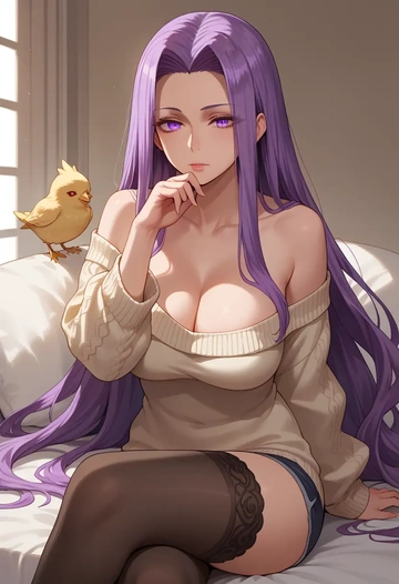 fate_(series),medusa_(rider)_(fate),cross-legged,Head resting on hand,off-shoulder,sweater  - AI generated anime art