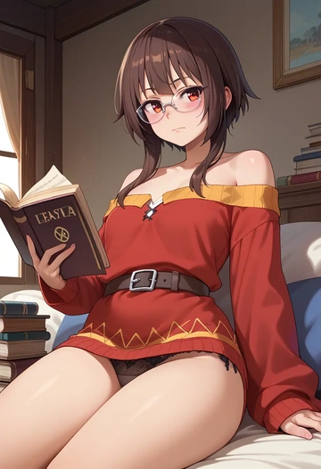 kono_subarashii_sekai_ni_shukufuku_wo,megumin,sweater,panties,off-shoulder,glasses,sexy  - AI generated anime art