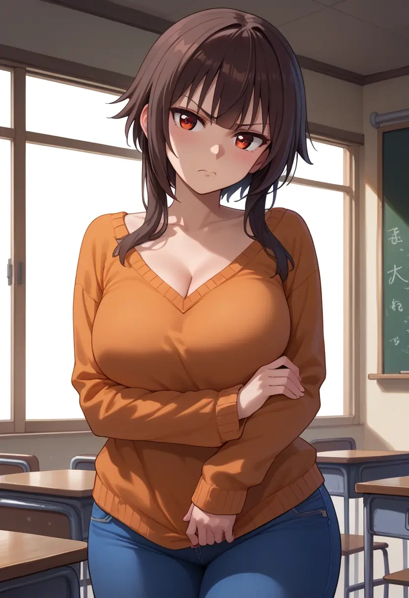 kono_subarashii_sekai_ni_shukufuku_wo,megumin,teacher, sweater, jeans shorts  - 