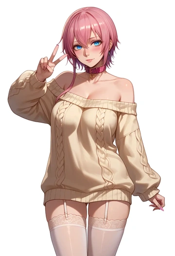 vocaloid,megurine_luka,blushing,collar,off-shoulder,sweater,stockings  - AI generated anime art