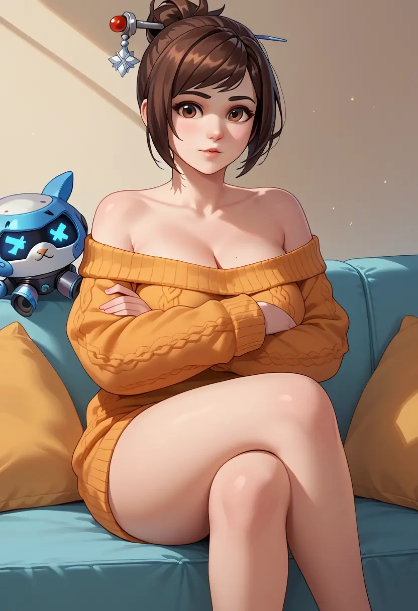 overwatch,mei_(overwatch),arms crossed,off-shoulder,sweater,cross-legged  - 