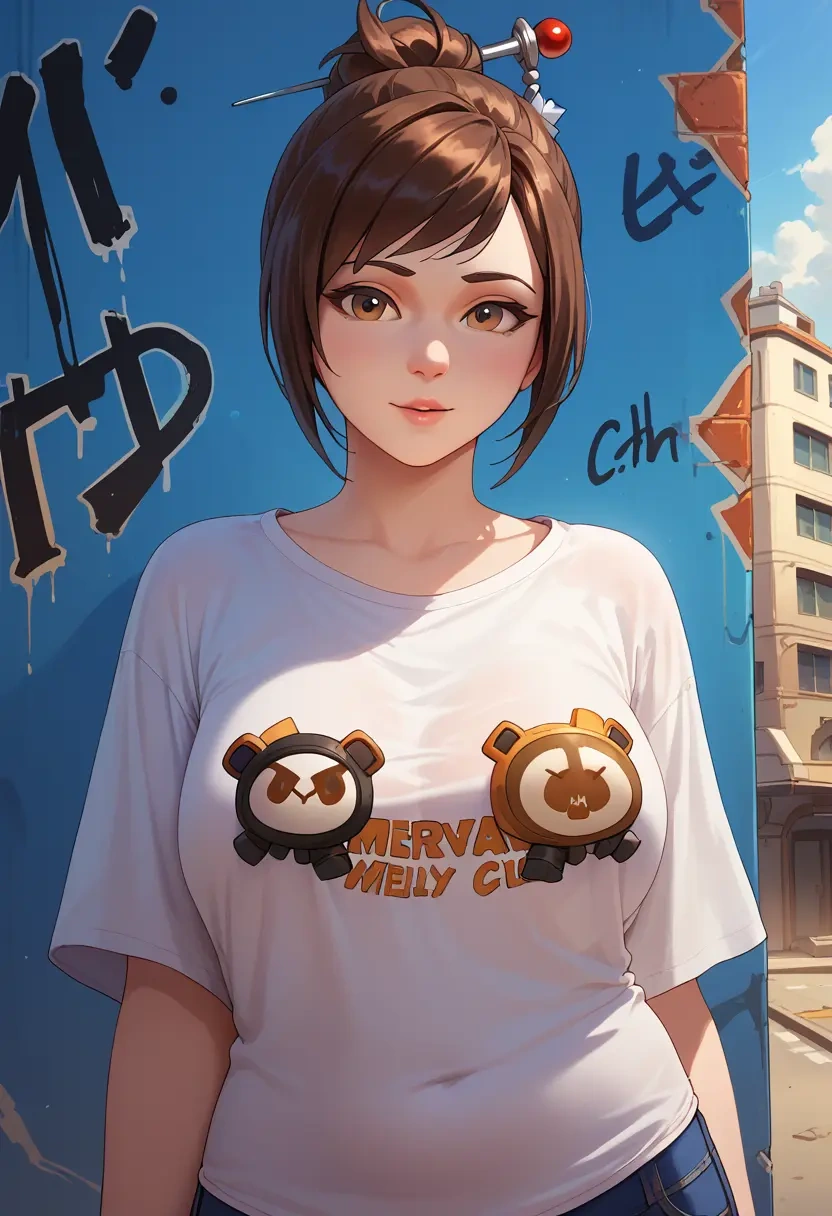 overwatch,mei_(overwatch),oversized graffiti shirt,dolphin shorts  - 