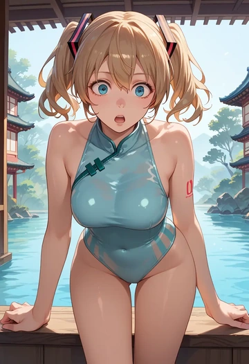 vocaloid,meiko_(vocaloid),racerback swimsuit,striped trim,name tag patch  - AI generated anime art