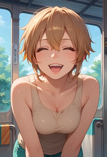 vocaloid,meiko_(vocaloid),tank top,mesh,cycling shorts  - AI generated anime art