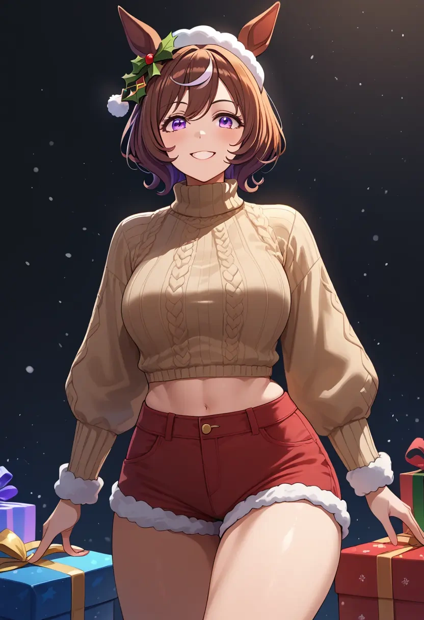 umamusume,meisho_doto_(umamusume),Christmas,red velvet shorts,turtleneck sweater  - 