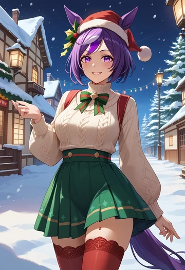 umamusume,mejiro_mcqueen_(umamusume),Christmas,sweater dress,stockings  - AI generated anime art