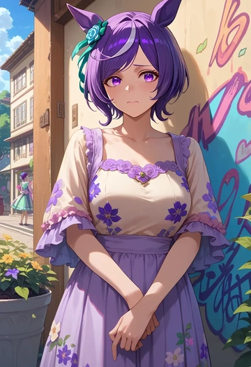 umamusume,mejiro_mcqueen_(umamusume),floral graffiti blouse,dolphin shorts  - AI generated anime art