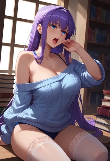 fate_(series),meltryllis_(swimsuit_lancer)_(fate),Yawning,off-shoulder,sweater,stockings  - AI generated anime art