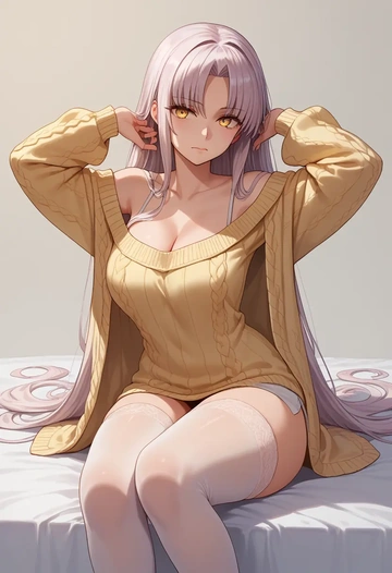 fate_(series),melusine_(fate),cross-legged,off-shoulder,sweater,stockings  - AI generated anime art