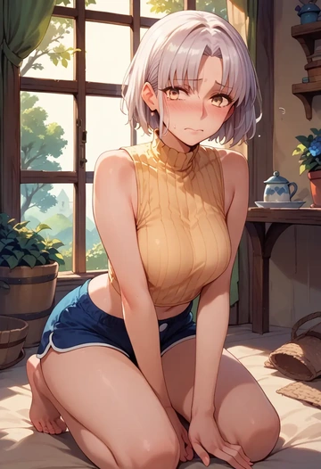 fate_(series),melusine_(fate),sleeveless swim top,shorts-style bottom,contrast stitching  - AI generated anime art