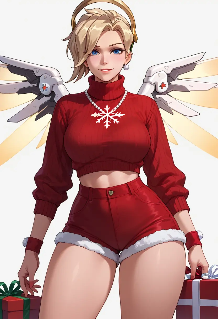 overwatch,mercy_(overwatch),Christmas,red velvet shorts,turtleneck sweater  - 