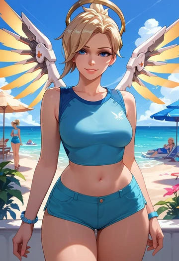 overwatch,mercy_(overwatch),sleeveless swim top,shorts-style bottom,contrast stitching  - AI generated anime art