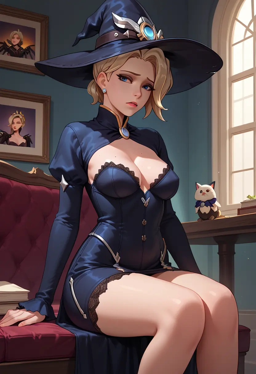 overwatch,mercy_(overwatch),witch blouse,asymmetrical skirt,striped stockings  - 